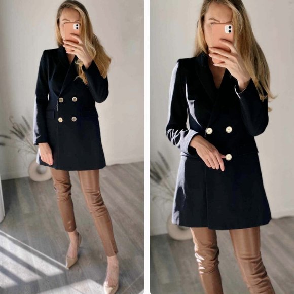 Zara Double Breasted Long Blazer Coat Jacket Mini Dress Trench Peacoat Oversized - Picture 11 of 14